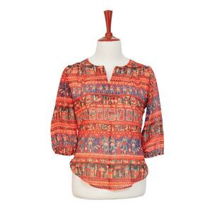 Womens Blouse Multicolor Ethnic Tribal Aztec 3/4 Sleeve V-Neck Boho Top Large